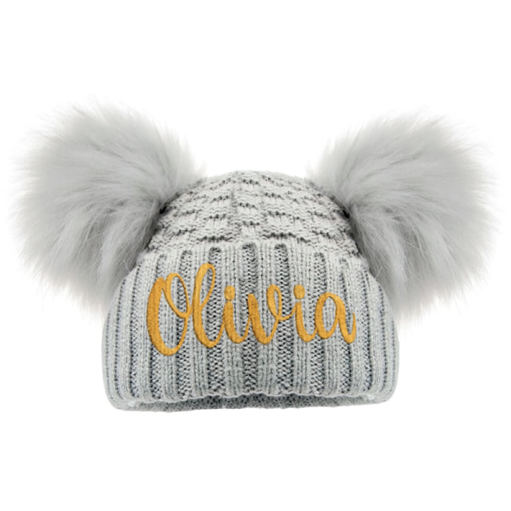 Personalised Embroidered Kids Knitted Grey Pom Pom Hat
