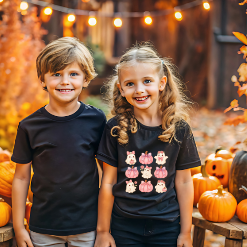 Cute Girls Pink Pumpkins Kids Halloween T-Shirt