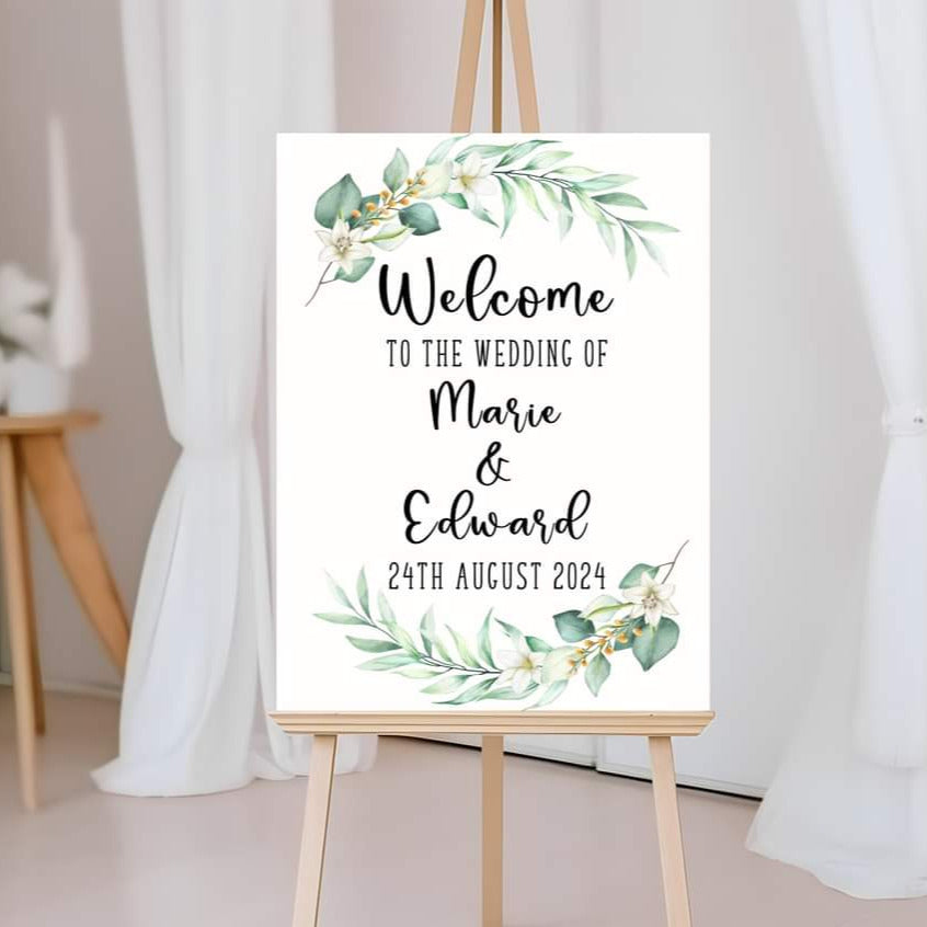 Personalised Form Welcome Wedding Sign - White Green Leaf