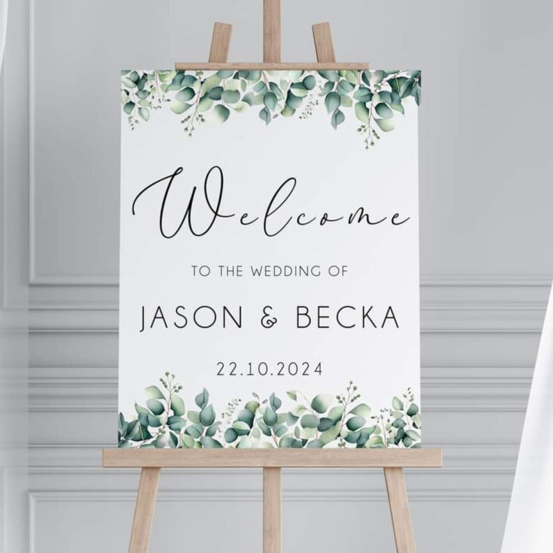 Personalised Form Welcome Wedding Sign - White & Green Leaf