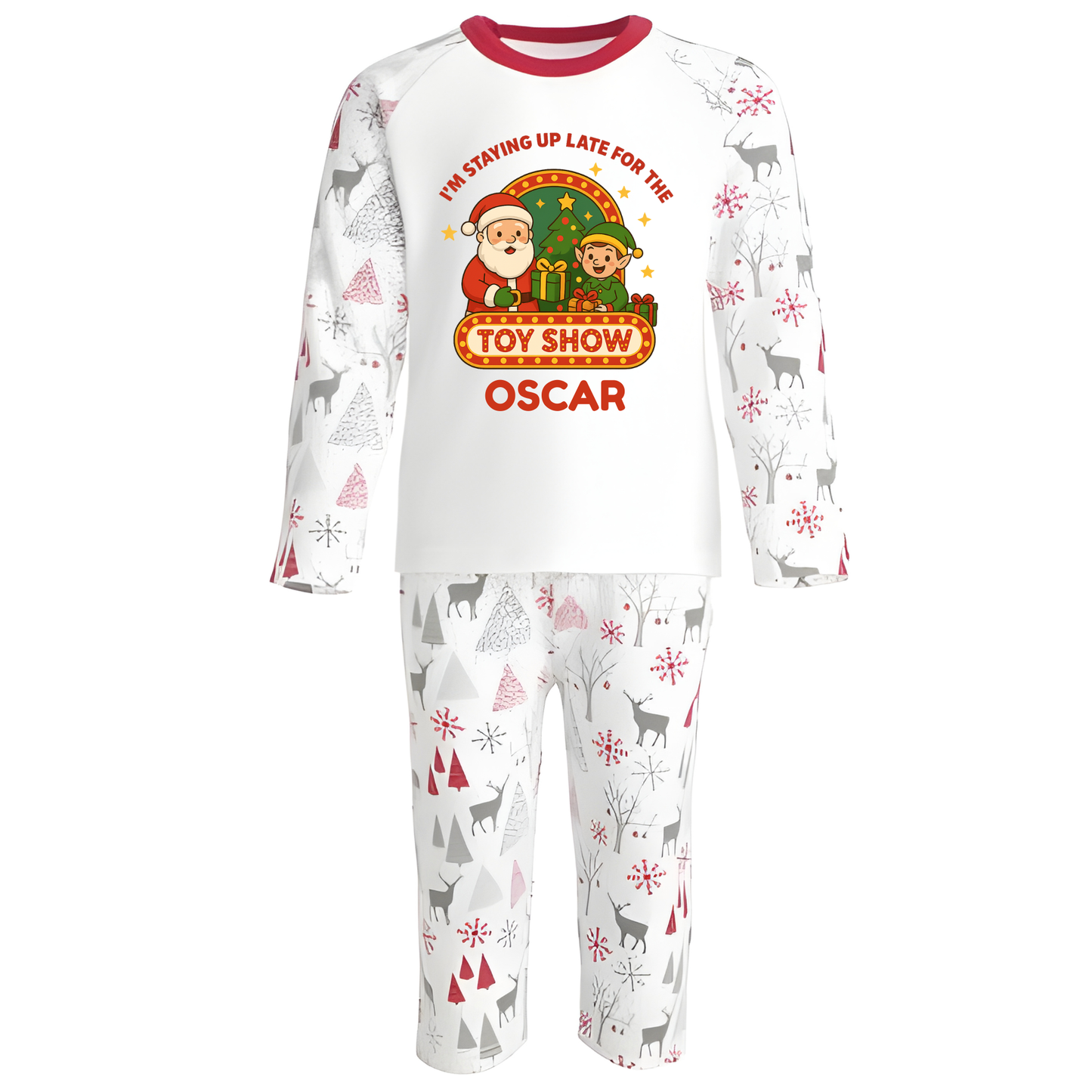 Personalised Grey & Red Reindeer Christmas Pyjama Set