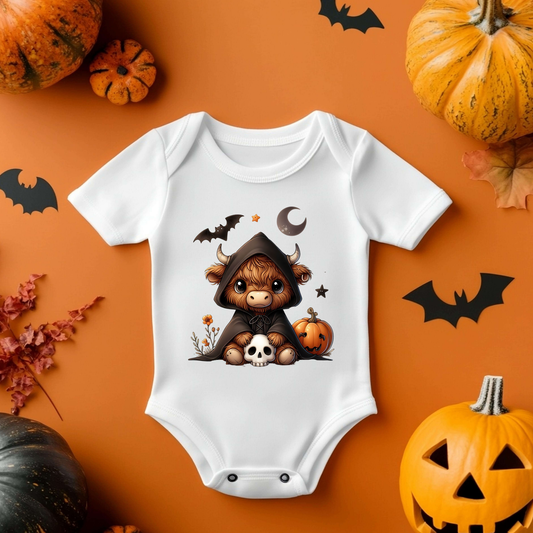 Spooky Skull Highland Cow Halloween Baby Vest