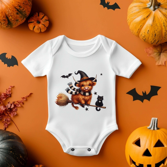 Highland Cow on Broom Halloween Baby Vest