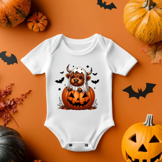 Highland Cow Ghost Pumpkin Halloween Baby Vest