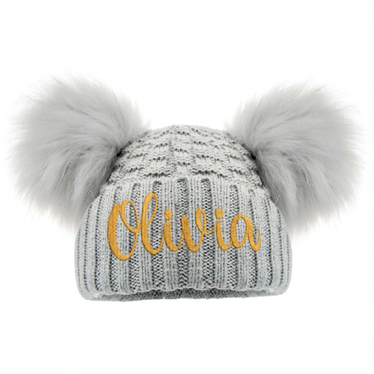 Personalised Embroidered Kids Knitted Grey Pom Pom Hat