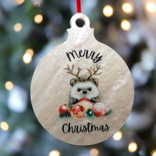 Hedgehog with Antlers Merry Christmas Bauble