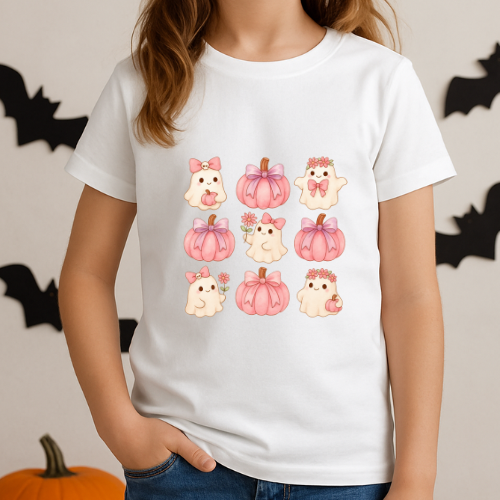 Cute Girls Pink Pumpkins Kids Halloween T-Shirt
