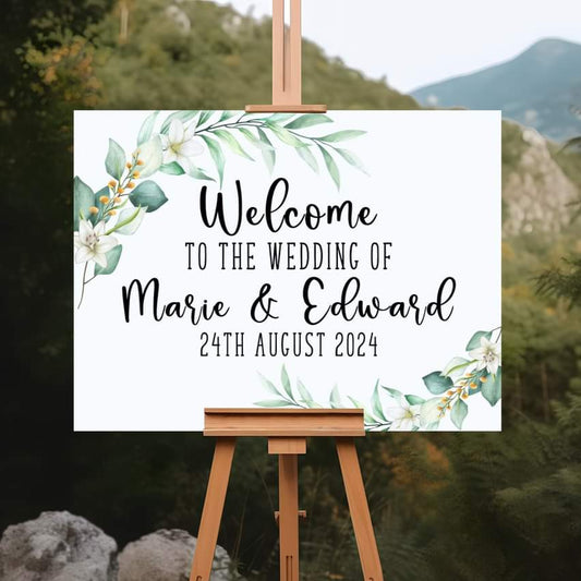 Personalised Form Welcome Wedding Sign - White Green Leaf