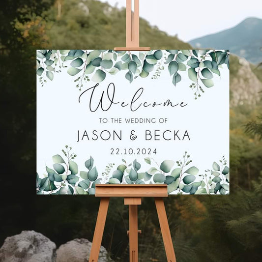 Personalised Form Welcome Wedding Sign - White & Green Leaf